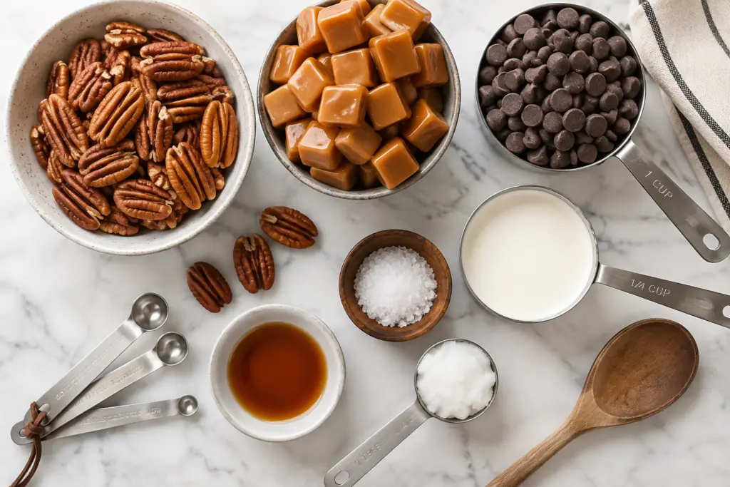 Caramel Pecan Chocolate Clusters Flat Lay
