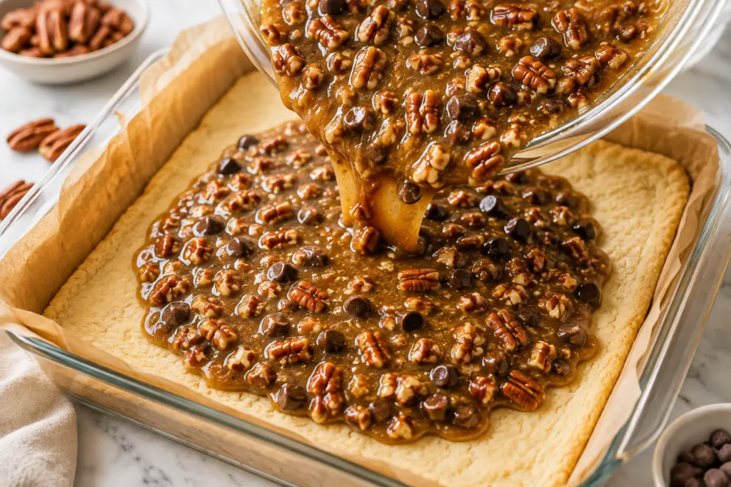 Assemble pecan chocolate pie bars