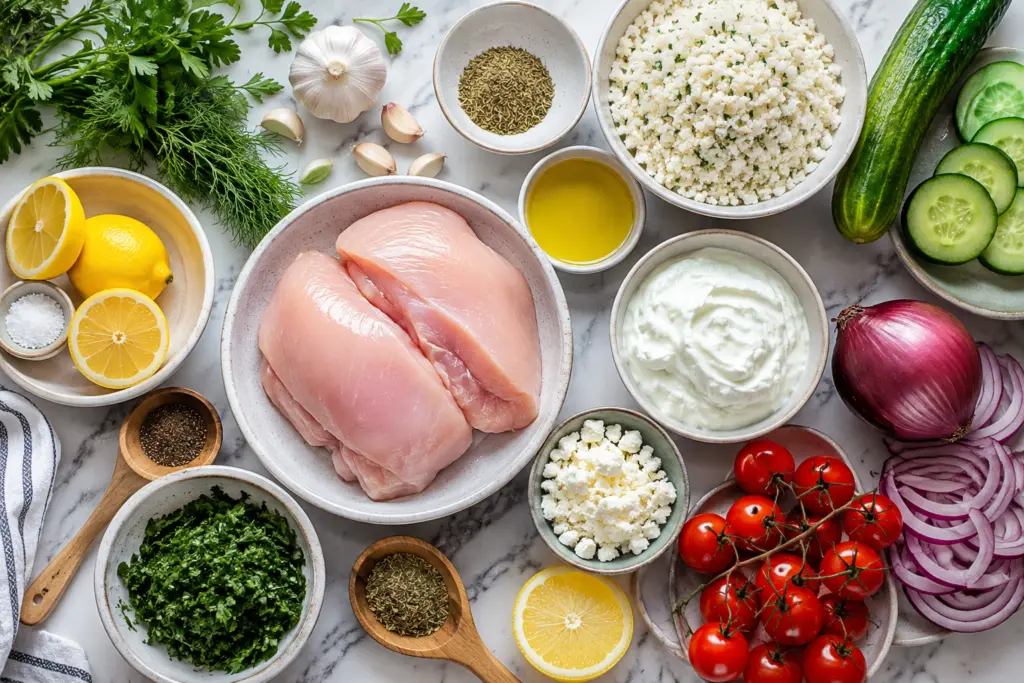 Flat lay of ingredients for Greek Chicken Bowls
