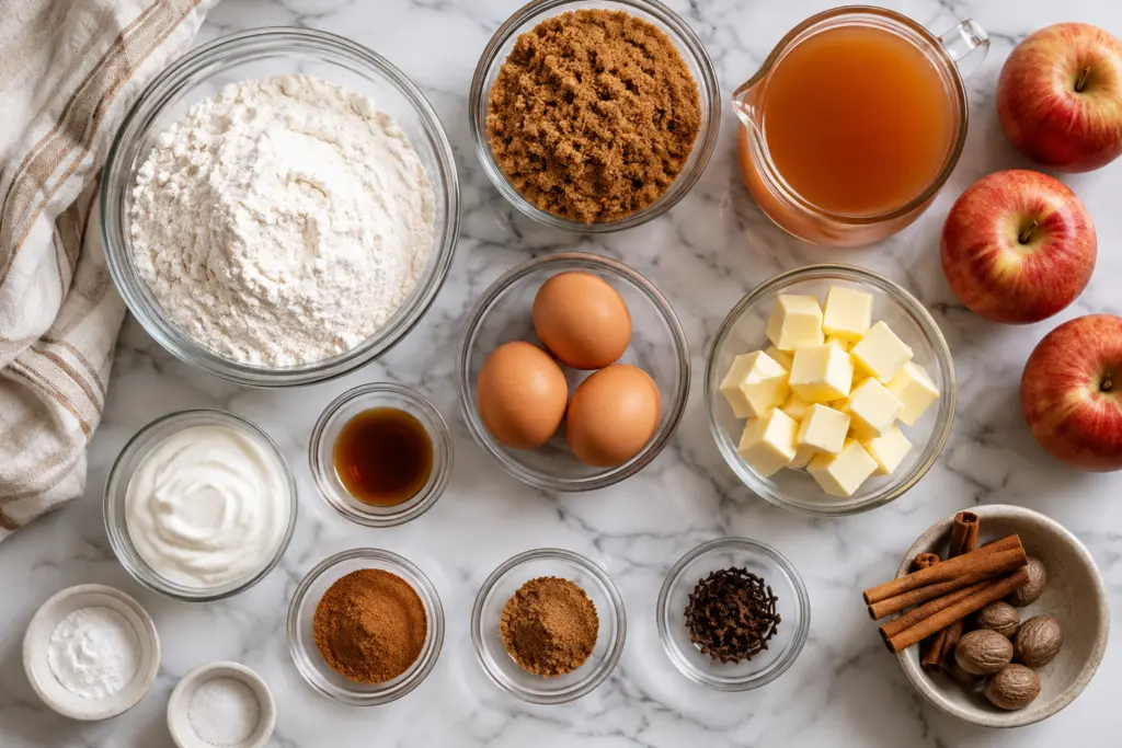 Flat lay of ingredients for apple cider cake