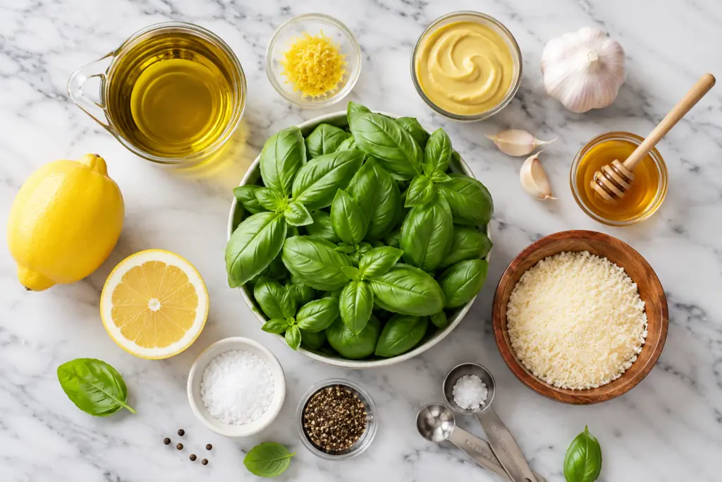 Flat lay of ingredients for homemade lemon basil vinaigrette