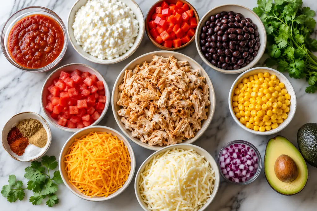 Easy High-Protein Chicken Enchilada Bowls with Cottage Cheese 2 Flay out of a chicken enchilada bowls ingredients