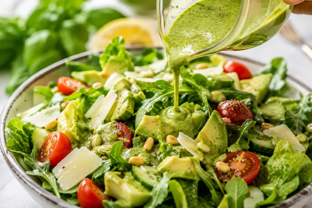 Lemon Basil Vinaigrette Drizzled Over Fresh Salad