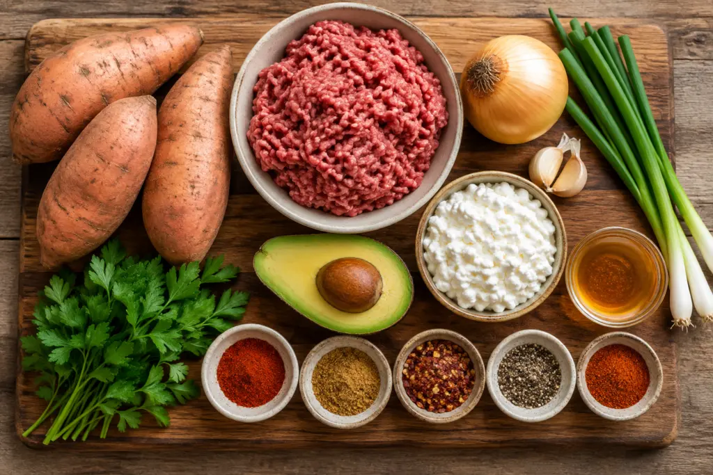 Hot Honey Ground Beef Sweet Potato Boats Ingredients 