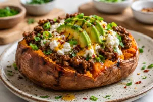 Hot Honey Ground Beef Sweet Potato Boats