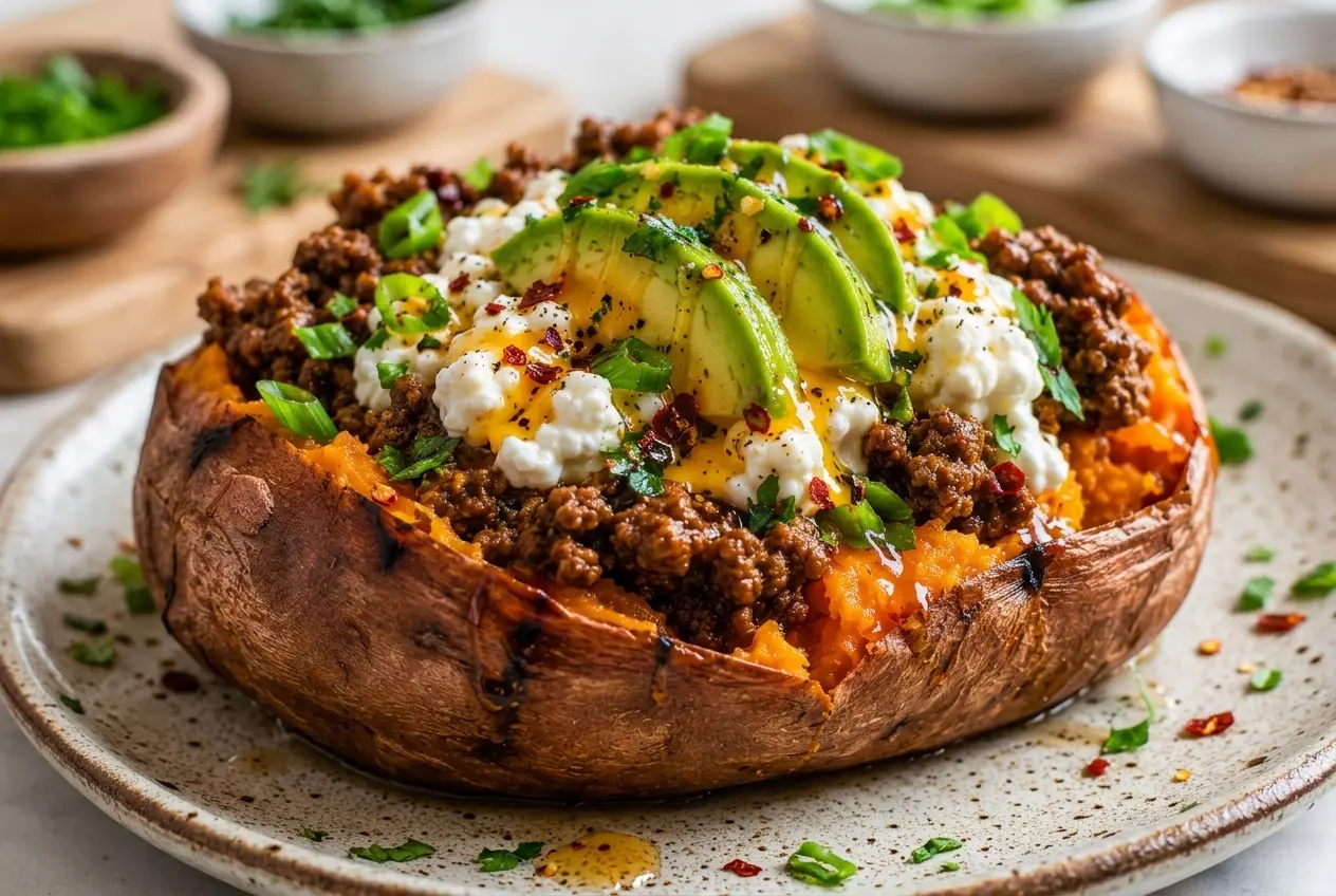 Hot Honey Ground Beef Sweet Potato Boats