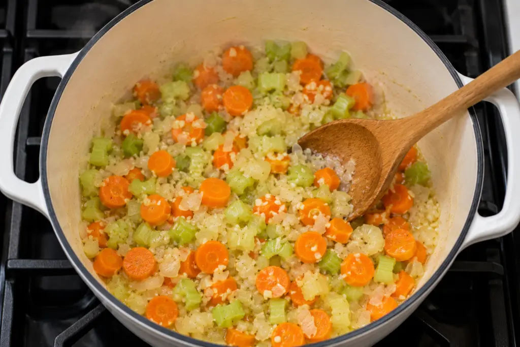 Overhead Sautéed Vegetables in Dutch Oven