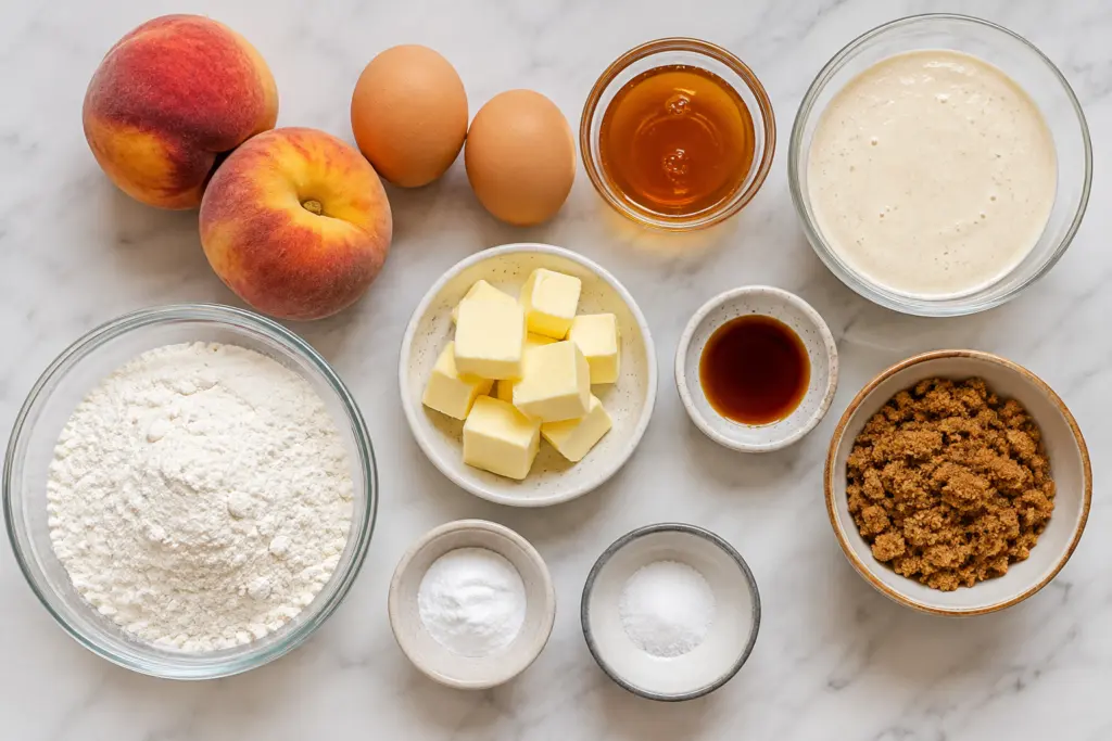 Peach Sourdough Quick Bread Recipe 3 Peach Baking Ingredients Flat Lay