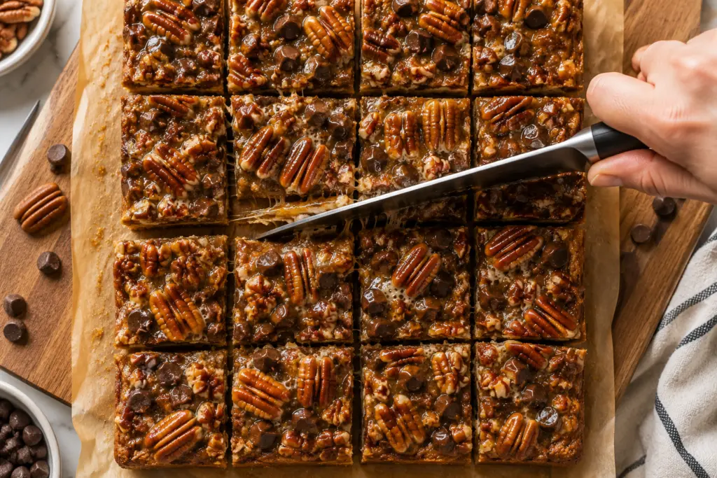 Cutting perfectly chilled Pecan Chocolate Pie Bars