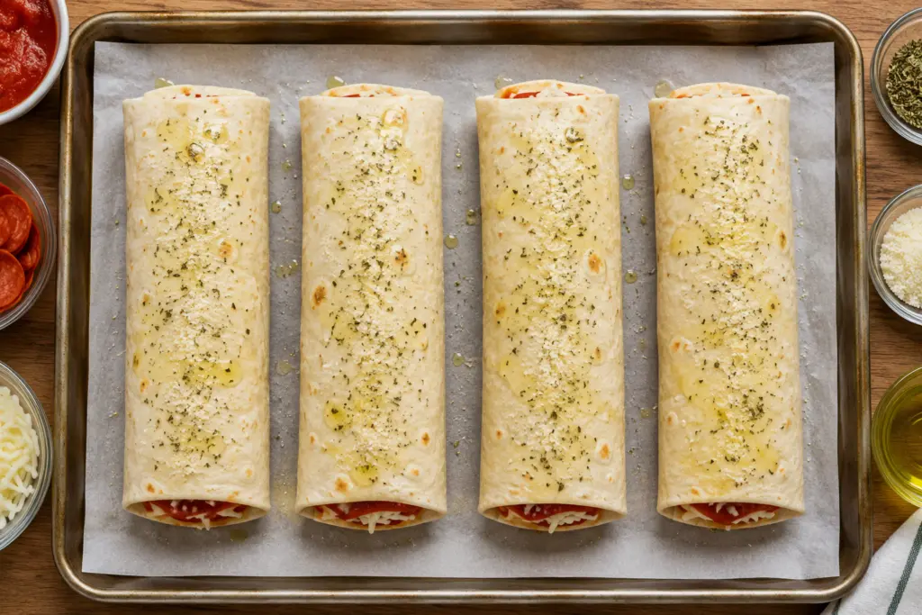A baking sheet holding four freshly assembled Pizza Wraps