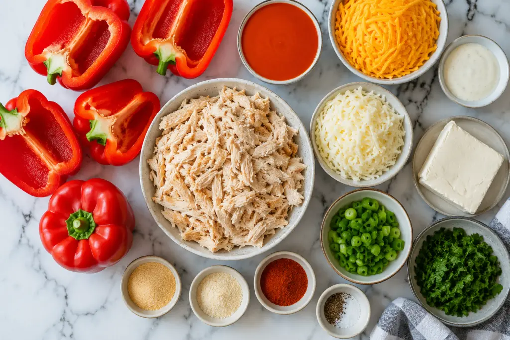 Buffalo Chicken Stuffed Peppers Recipe 2 a Flat lay of ingredients for Buffalo Chicken Stuffed Peppers