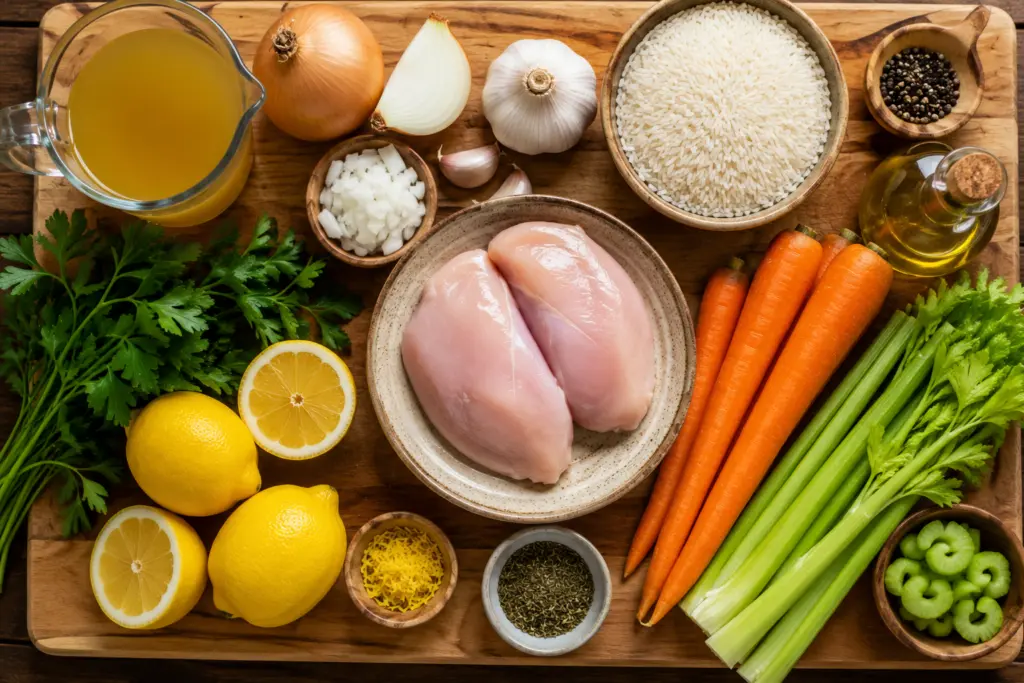 Chicken Lemon Rice Soup Ingredient Flat Lay