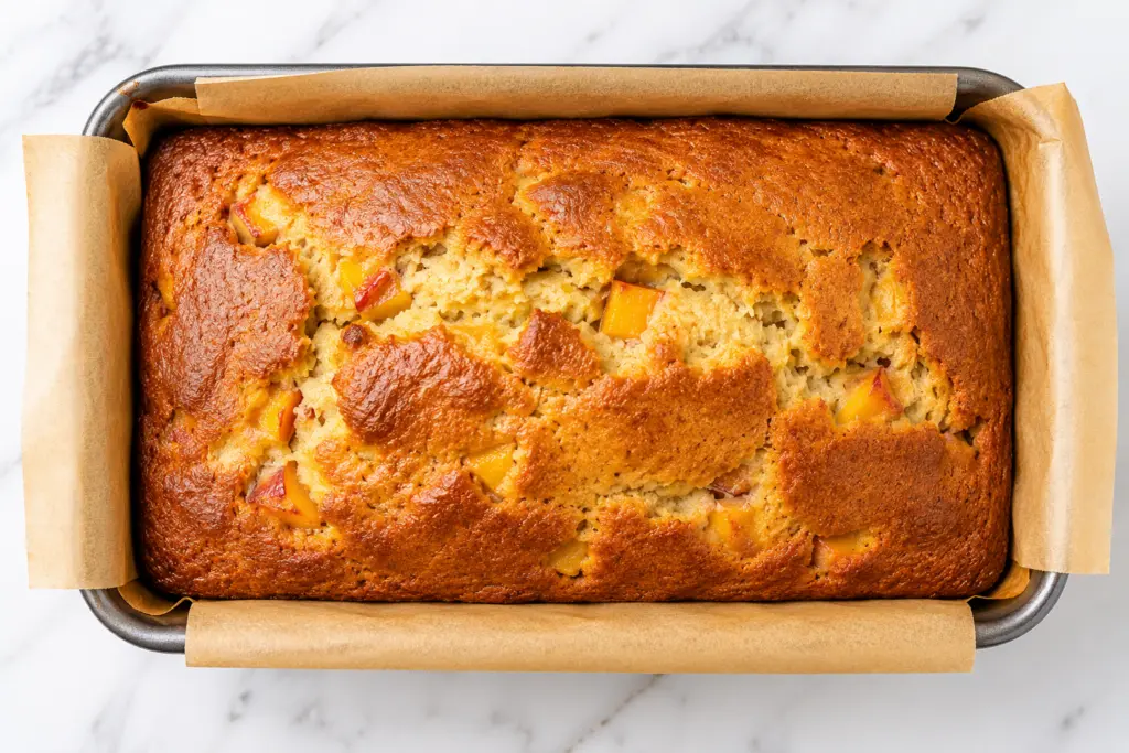 Peach Sourdough Quick Bread Recipe 5 Golden Peach Sourdough Quick Bread in Parchment Pan