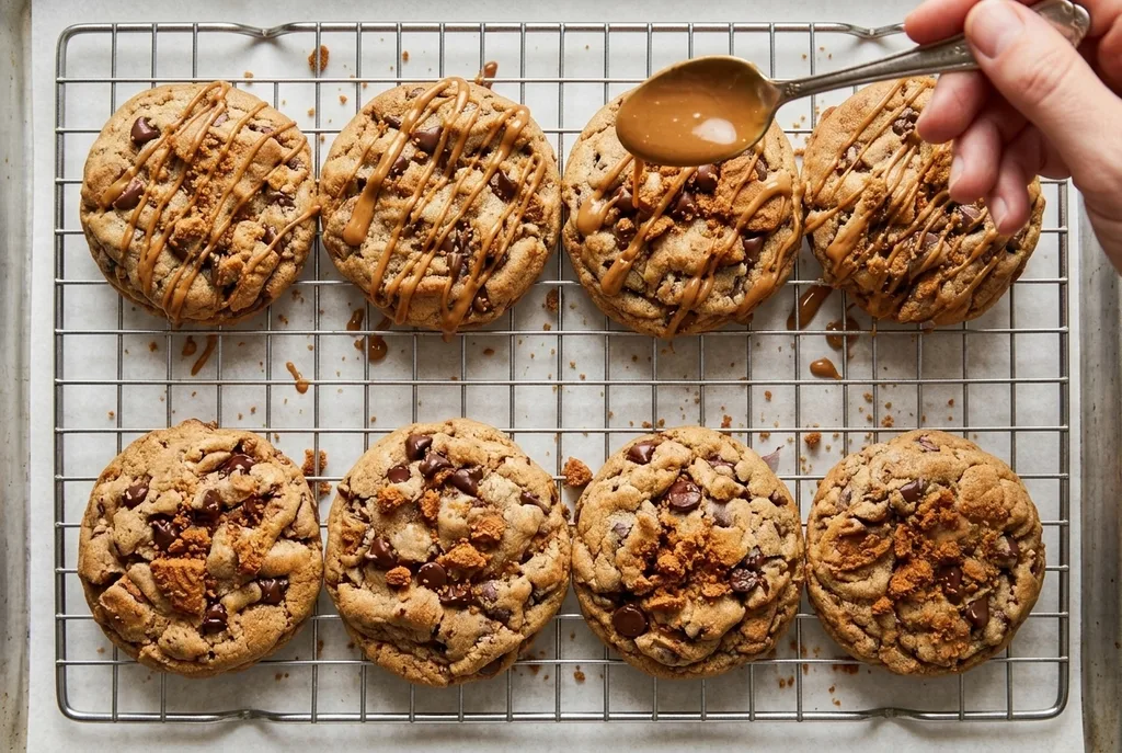 Chocolate Chip Biscoff Cookies Recipe 7 drizzle Biscoff spread over a soft chocolate chip Biscoff cookies