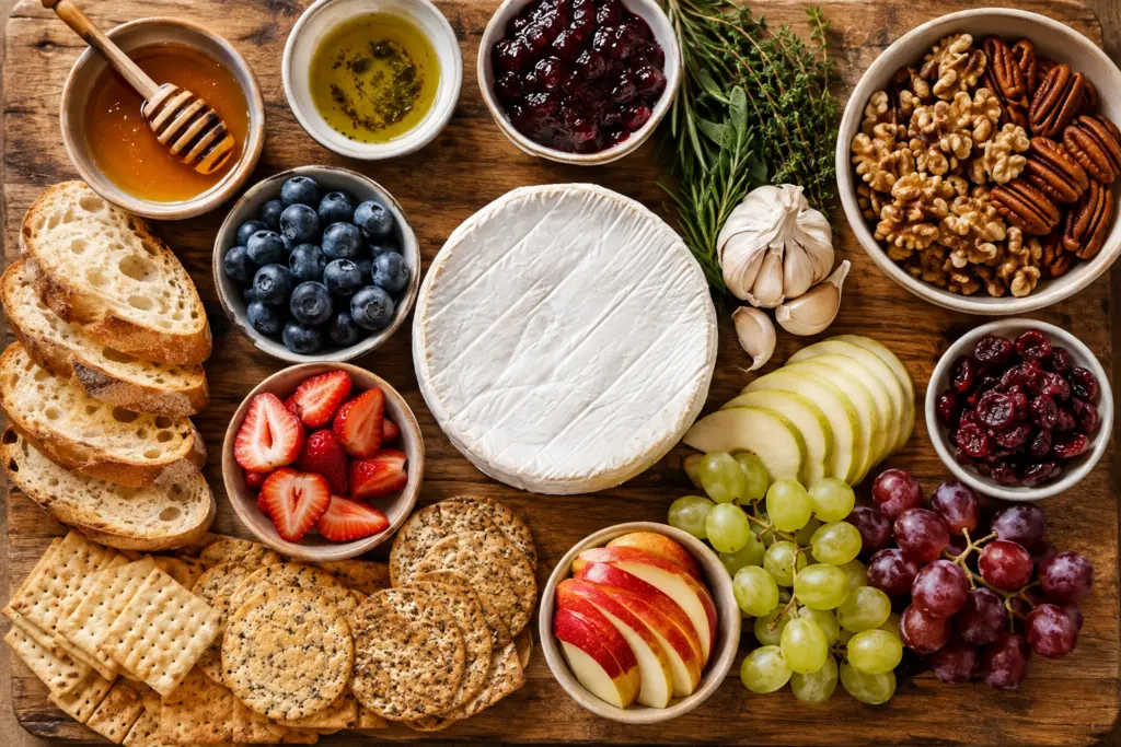 20 Baked Brie Recipes 2 flat lay of ingredients for baked brie recipes