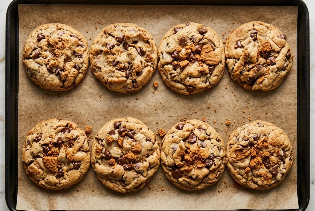 Chocolate Chip Biscoff Cookies Recipe 6 freshly baked large soft chocolate chip Biscoff cookies