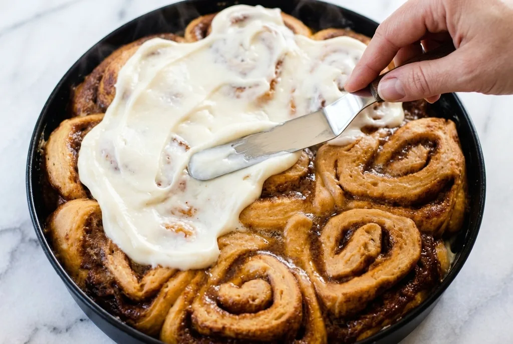 Sourdough Pumpkin Cinnamon Rolls Recipe 9 homemade cream cheese frosting being spread generously over freshly baked sourdough pumpkin cinnamon rolls