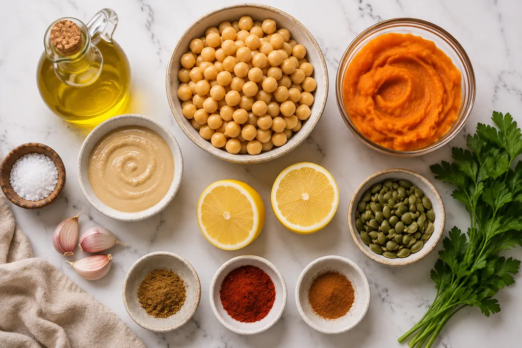Creamy Pumpkin Hummus Recipe 2 Pumpkin hummus Ingredient Flat Lay