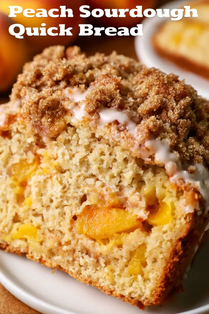 Peach Sourdough Quick Bread Recipe 6 peach bread with a Brown Sugar Streusel Topping and white glaze