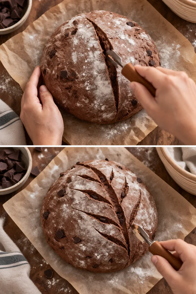 Double Sourdough Chocolate Bread with Coffee (Easy Beginner-Friendly Recipe) 7 Double Sourdough Chocolate Bread Scoring