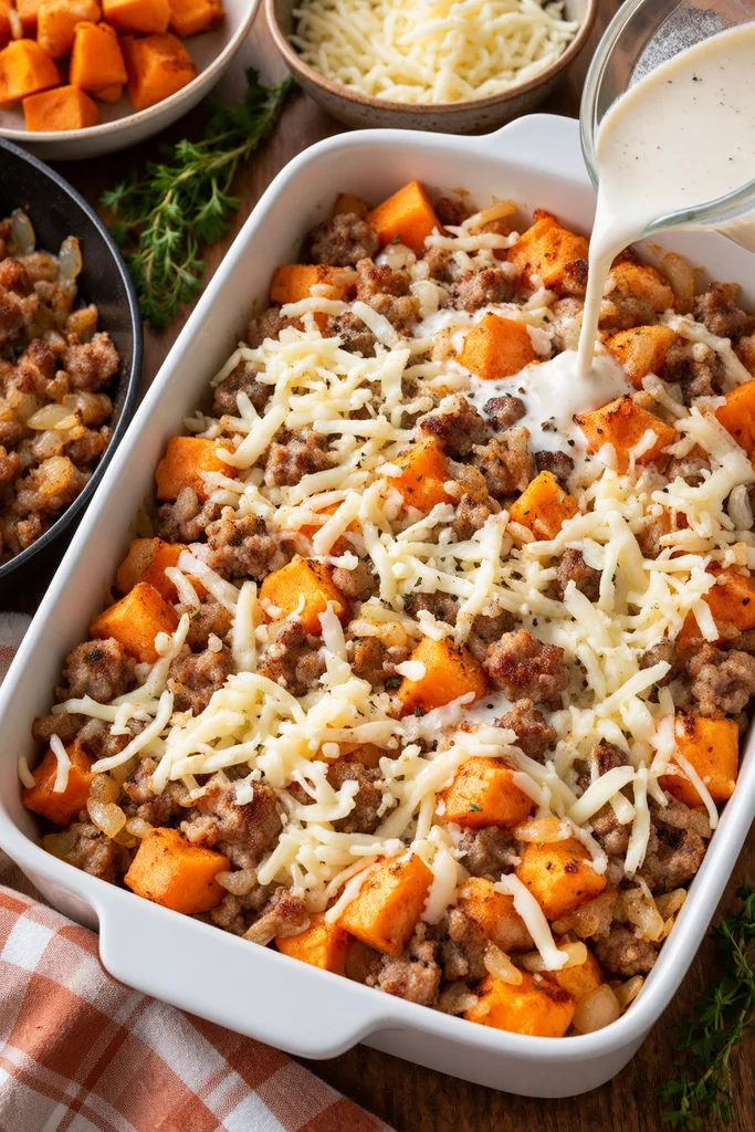 Fall Sweet Potato and Sausage Casserole 5 Assembling the sweet potato and sausage casserole