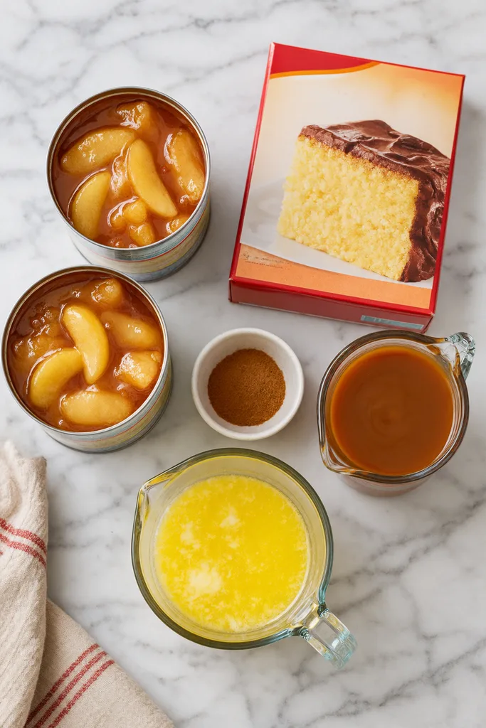 Caramel Apple Dump Cake Ingredients Flatlay