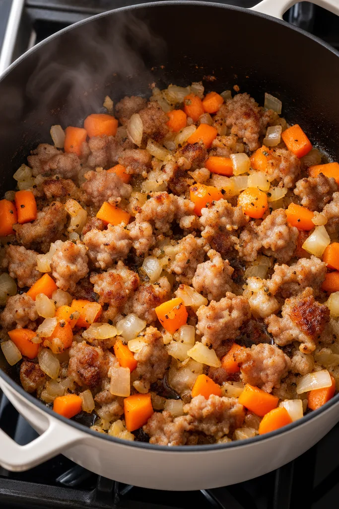 Creamy Sweet Potato and Sausage Soup (Slow Cooker, Instant Pot, Stove) 3 Browning the Sausage