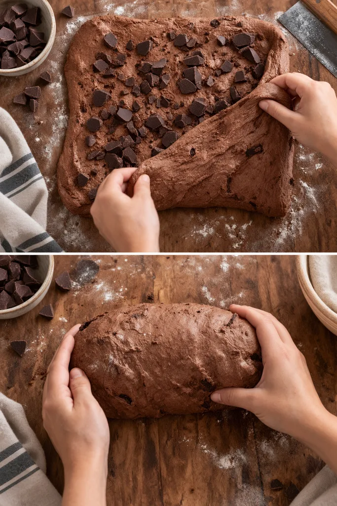 Double Sourdough Chocolate Bread with Coffee (Easy Beginner-Friendly Recipe) 6 Sourdough Chocolate Bread Dough Folding and Shaping