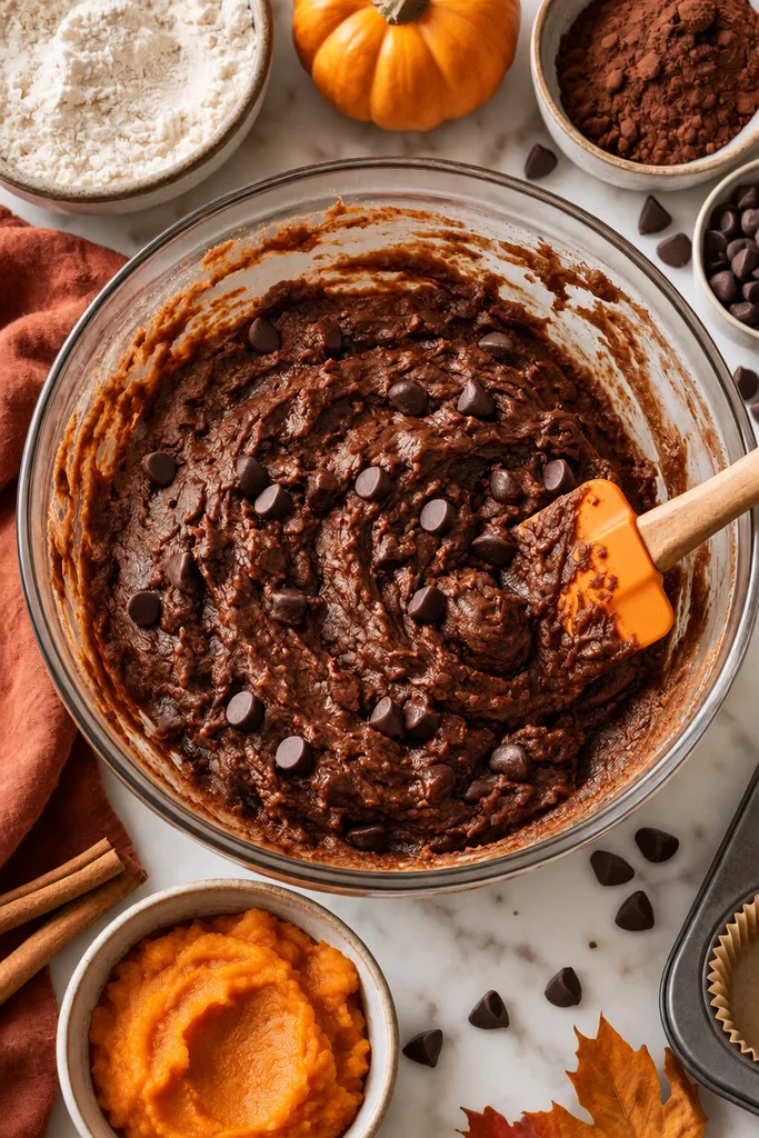 Double Chocolate Pumpkin Muffins (Low-Sugar) 4 Chocolate Pumpkin Batter Overhead