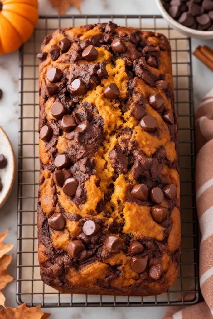 Pumpkin Chocolate Marble Bread (Soft & Moist) 8 Chocolate Pumpkin Swirl Loaf on Cooling Rack