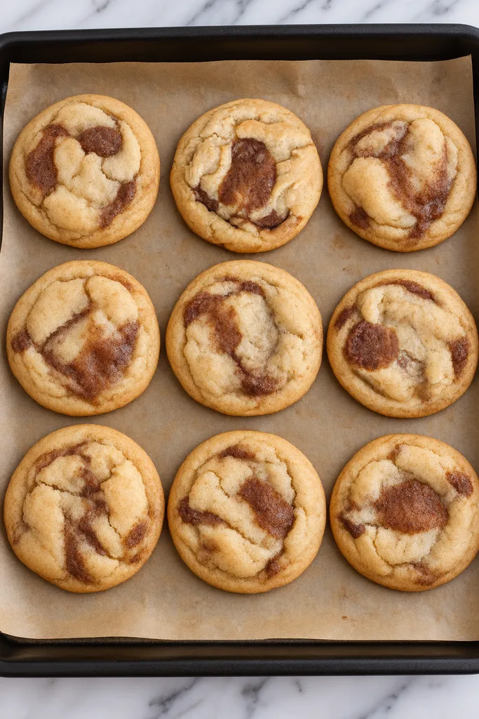 Cinnamon Rolls cookies with Cream Cheese Icing 10 Cinnamon Swirl Cookies on a Baking Tray