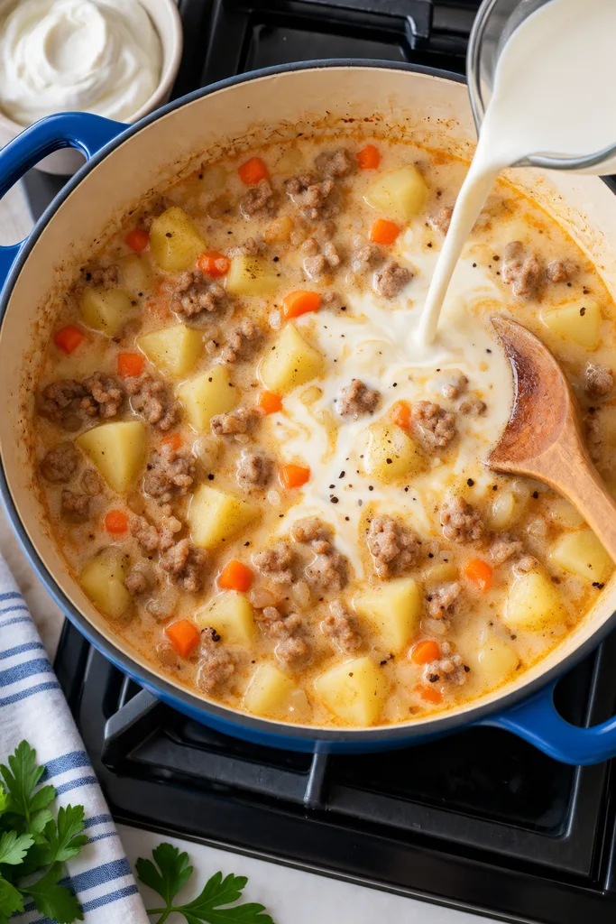 Creamy Sausage Potato Soup Recipe 6 Creamy Sausage Potato Chowder in Blue Pot