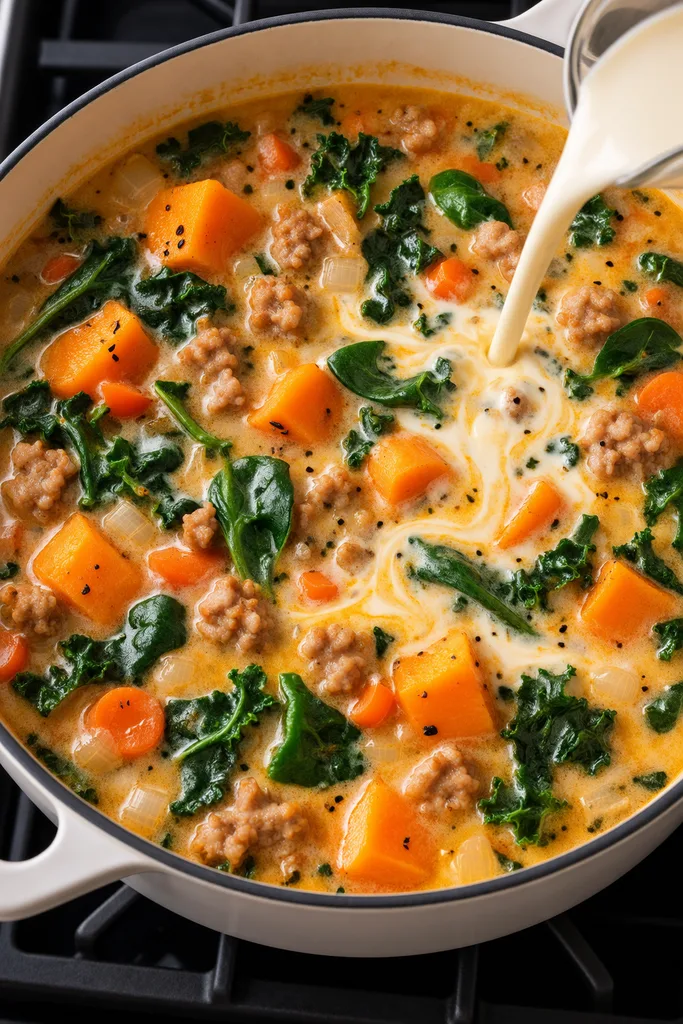 Creamy Sweet Potato and Sausage Soup (Slow Cooker, Instant Pot, Stove) 6 Creamy sweet potato and sausage soup