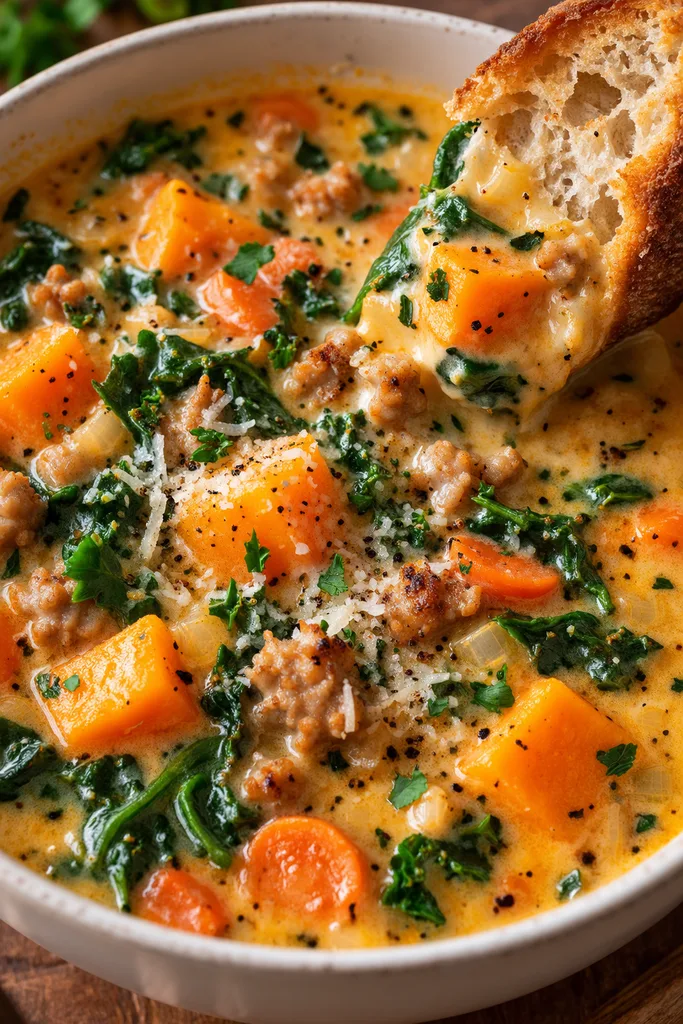 Creamy Sweet Potato and Sausage Soup (Slow Cooker, Instant Pot, Stove) 8 Creamy Autumn Soup with Crusty Bread
