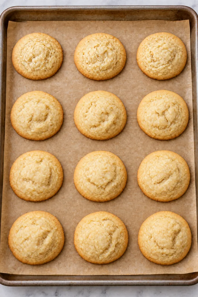 Soft Frosted Eggnog Cookies 8 Freshly Baked Golden Cookies on a Tray