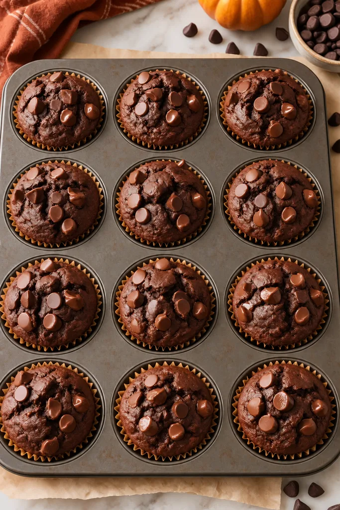 Double Chocolate Pumpkin Muffins (Low-Sugar) 6 Freshly baked double chocolate pumpkin muffins