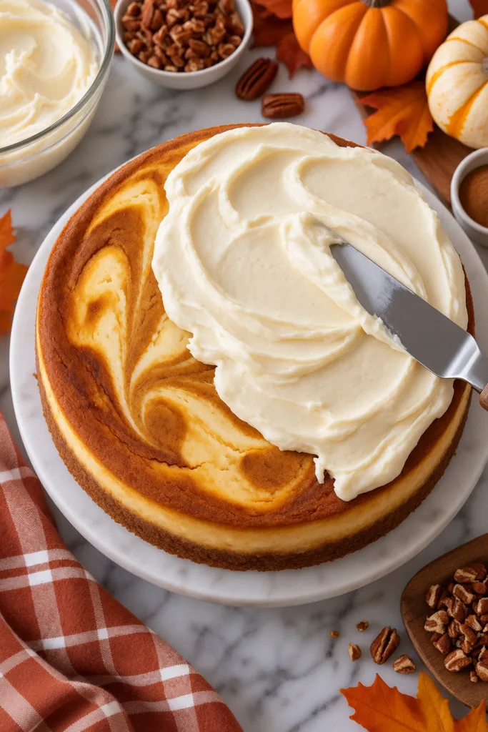 Creamy Pumpkin Cake Cheesecake Recipe 7 Frosting the Finished Pumpkin Swirl Cheesecake