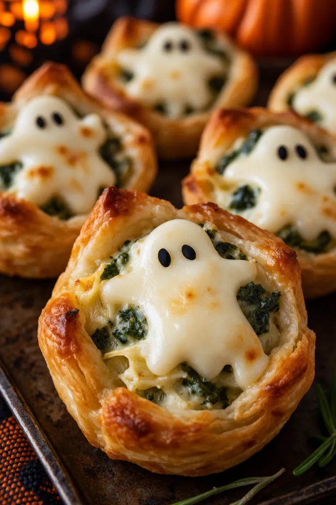 BOO! Artichoke and Spinach Bites Recipe 8 Ghost-Topped artichoke and spinach bites