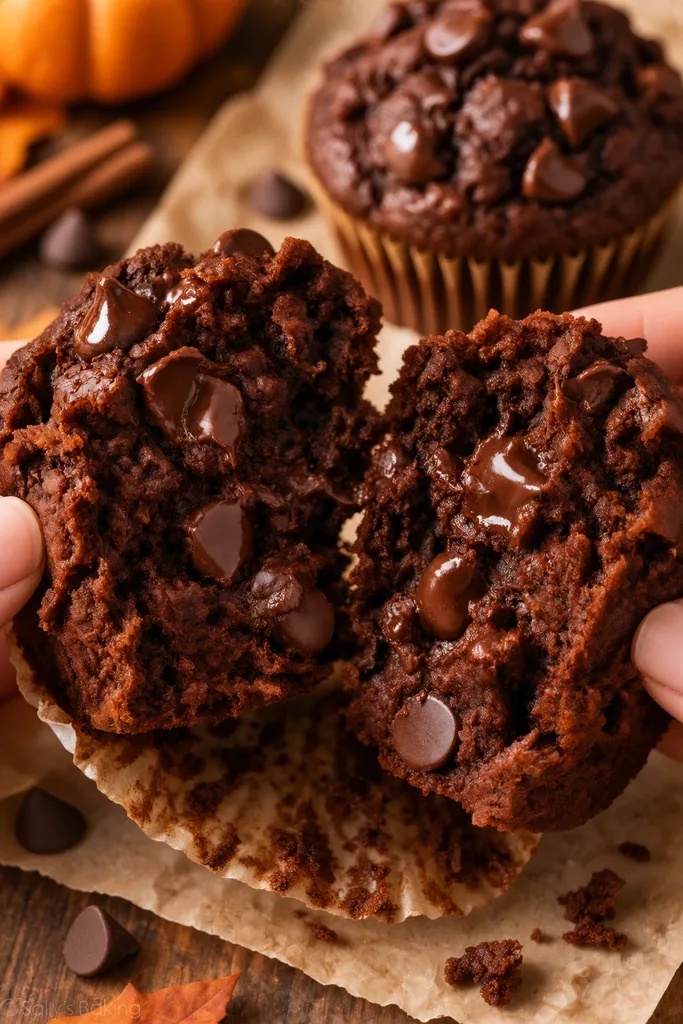 Double Chocolate Pumpkin Muffins (Low-Sugar) 2 Gooey Chocolate Pumpkin Muffins