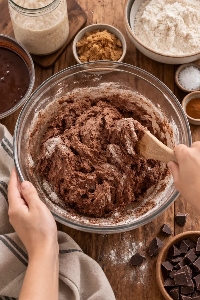 Double Sourdough Chocolate Bread with Coffee (Easy Beginner-Friendly Recipe) 4 Mix the sourdough chocolate bread