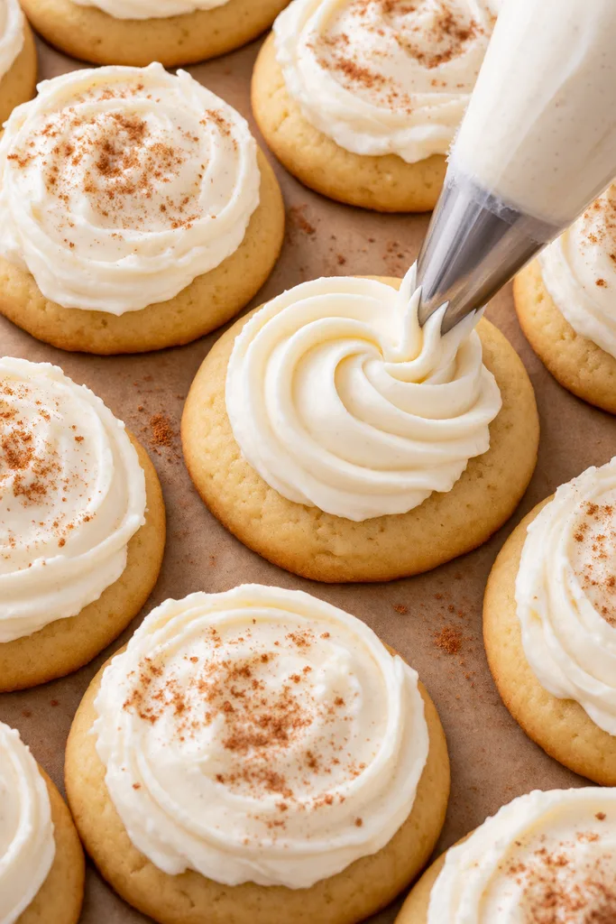 Soft Frosted Eggnog Cookies 2 piping the eggnog frosting over the completely cooled eggnog cookies