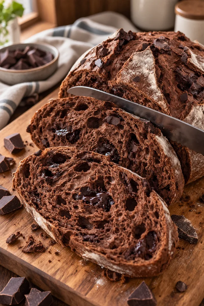 Double Sourdough Chocolate Bread with Coffee (Easy Beginner-Friendly Recipe) 9 Rustic Chocolate Sourdough Slices
