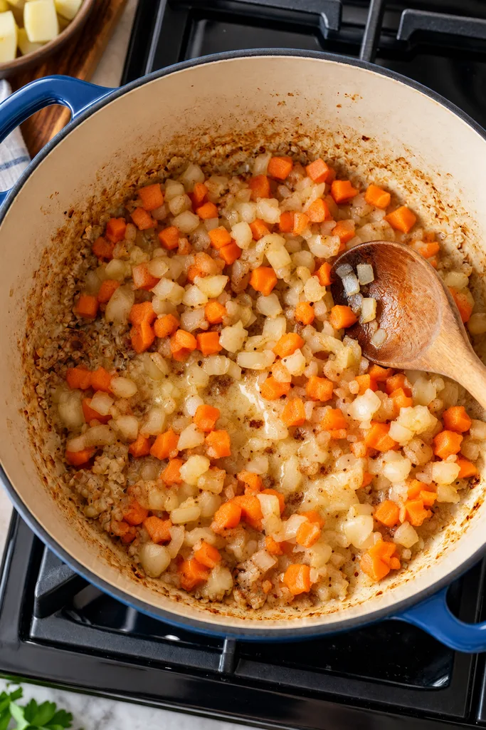 Creamy Sausage Potato Soup Recipe 4 Sautéed Carrots and Onions in Blue Dutch Oven