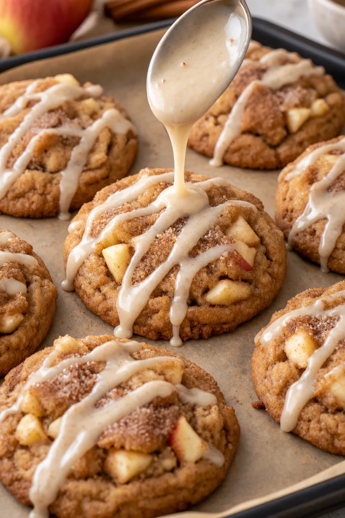 apple cider glaze being drizzled over freshly cooled brown butter sourdough cookies