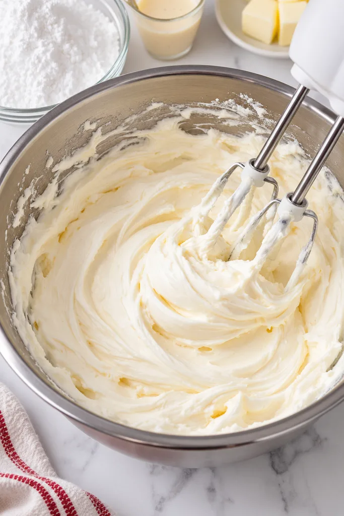 Soft Frosted Eggnog Cookies 4 Whipping Creamy Eggnog Frosting in a Stainless Bowl