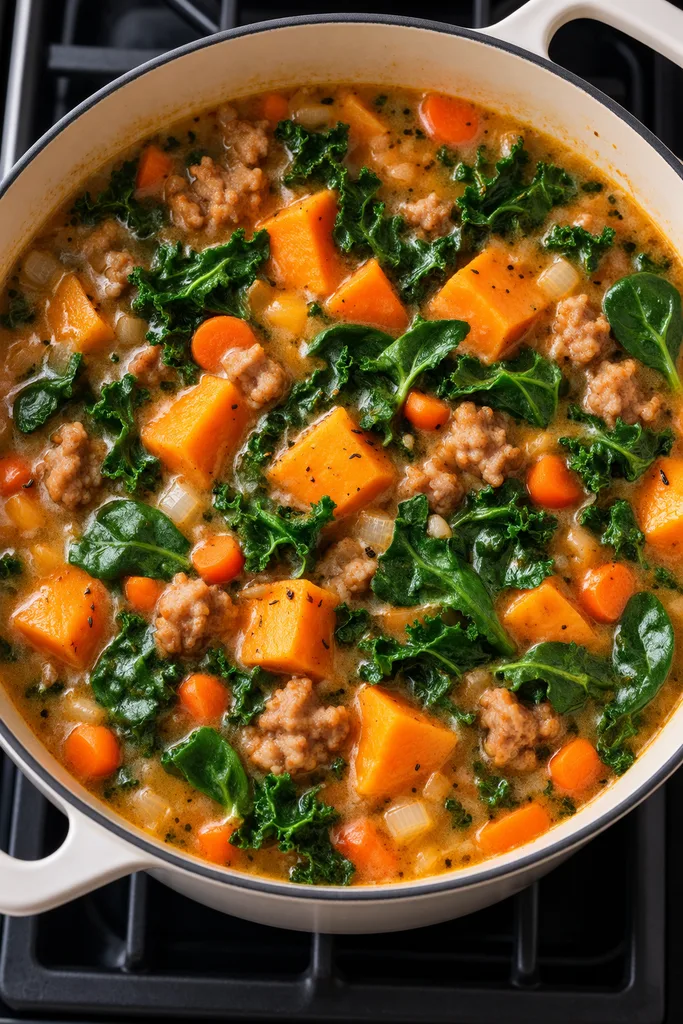 Creamy Sweet Potato and Sausage Soup (Slow Cooker, Instant Pot, Stove) 5 Sweet potato and sausage soup with spinach