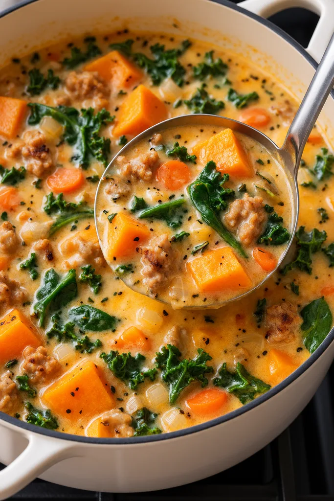 Creamy Sweet Potato and Sausage Soup (Slow Cooker, Instant Pot, Stove) 7 creamy sweet potato and sausage soup
