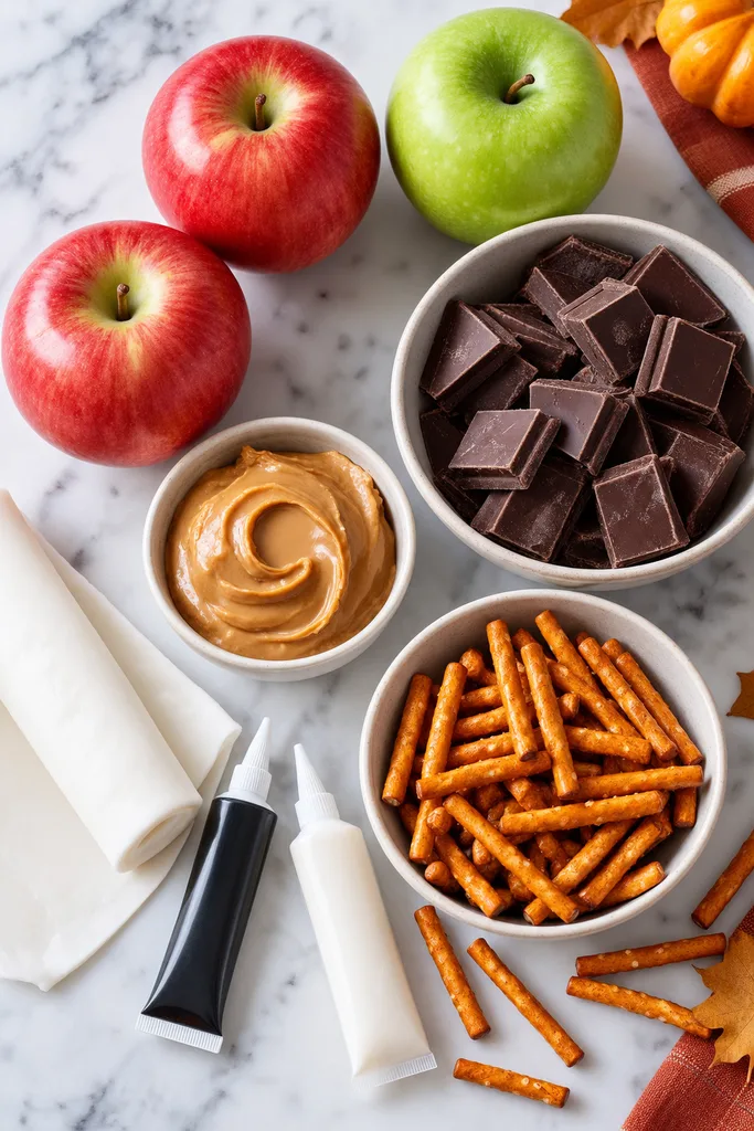 Easy Halloween Spider Apples Recipe 2 Flat lay of ingredients for Halloween Spider Apples