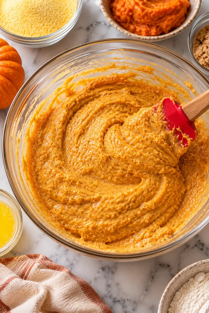 Mixing the Pumpkin Cornbread Batter