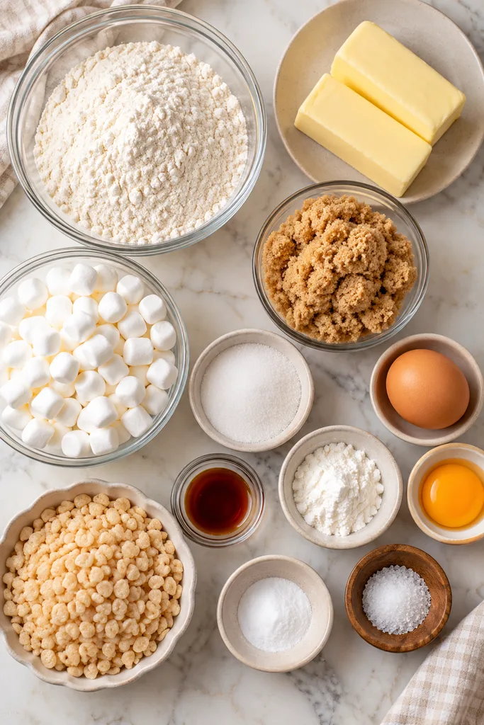 Brown Butter Marshmallow Crispy Cookies Recipe 2 Marshmallow Crispy Cookies Baking Ingredients Flat Lay